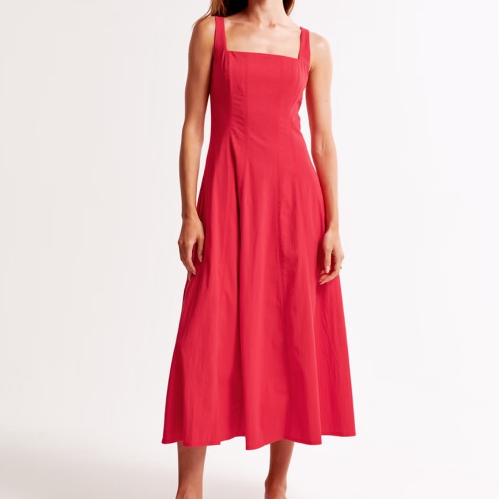 The A&F Mila Fit & Flare Stretch Midi Dress Red Medium Tall NWT in packaging